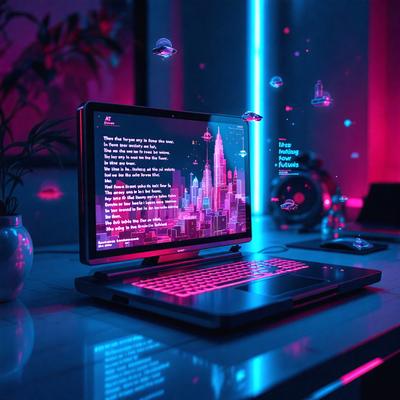 The primary subject of the image is a laptop computer sitting on a desk. The laptop is open and displaying a cityscape on its screen. The setting is a desk with a laptop, and the visual style is a digital art or illustration. The colors and mood of the image are predominantly pink, creating a warm and inviting atmosphere.